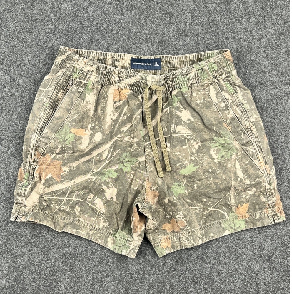 Abercrombie & Fitch Mens Camo Drawstring Shorts Green Brown Size M Forest Leaf